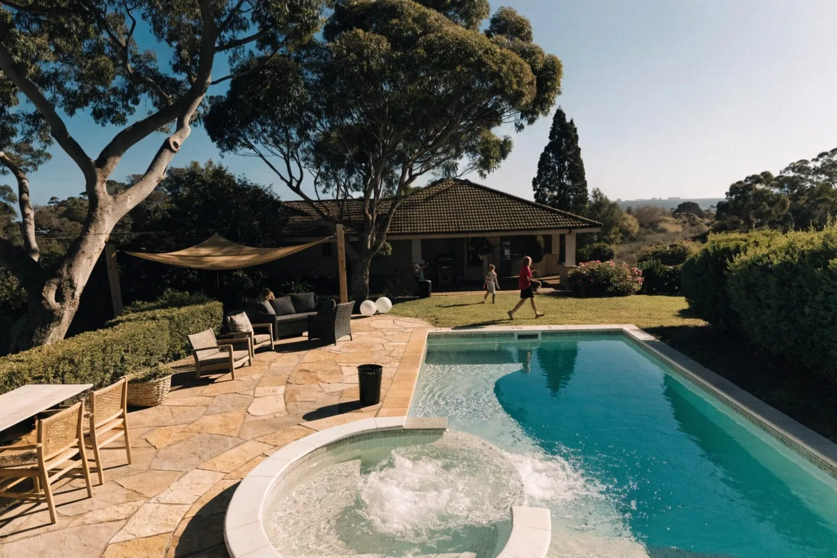 Family backyard pool with an integrated spa, wide paved entertaining area and lawn