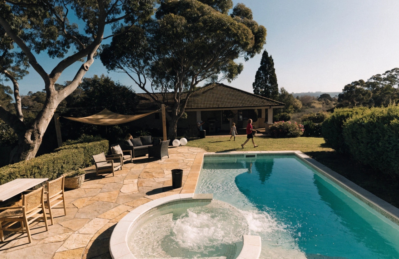 Family backyard pool and spa with paved entertaining area in Lake Macquarie suburb