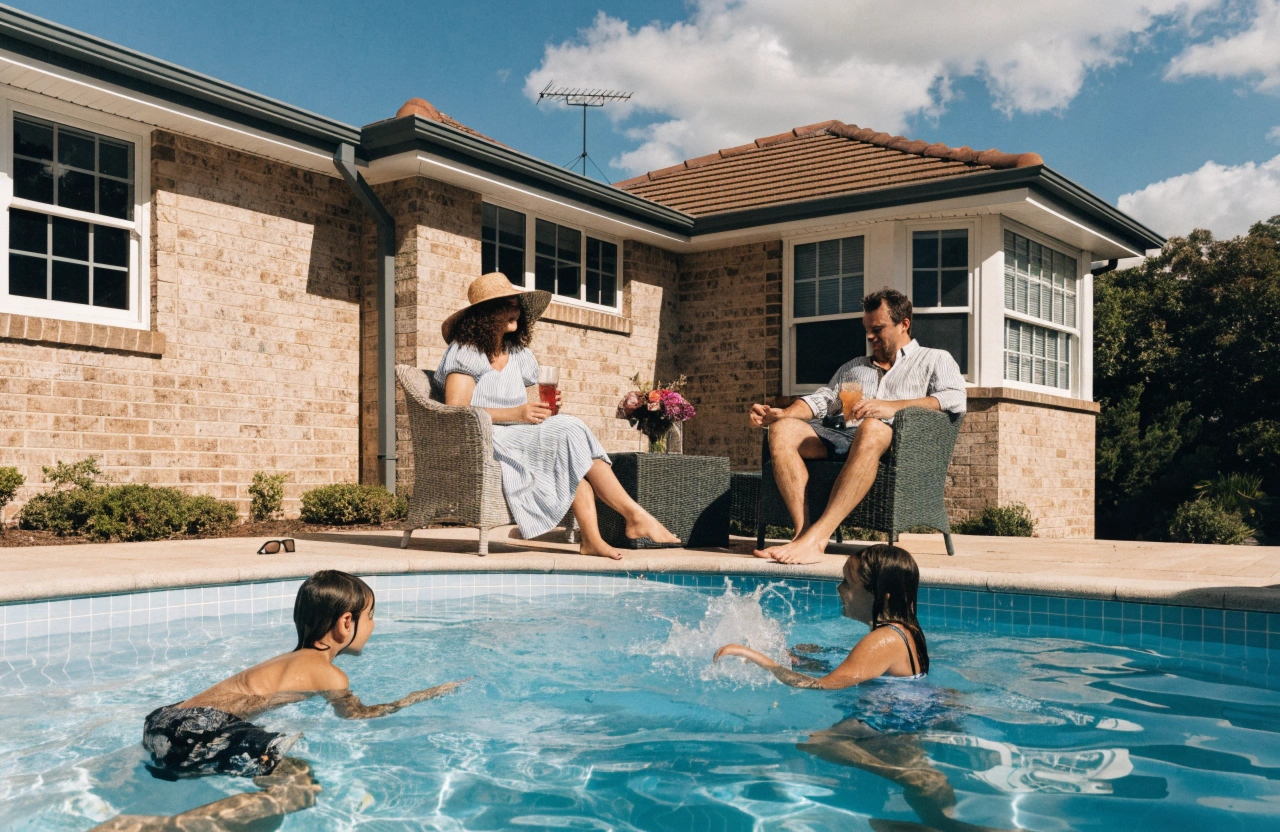 Family enjoying their inground backyard pool on a sunny Lake Macquarie summer day