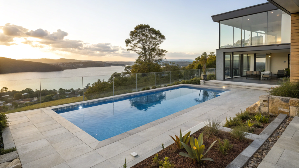 Elevated backyard concrete pool with glass balustrade overlooking a lake and hillside suburbs at sunset