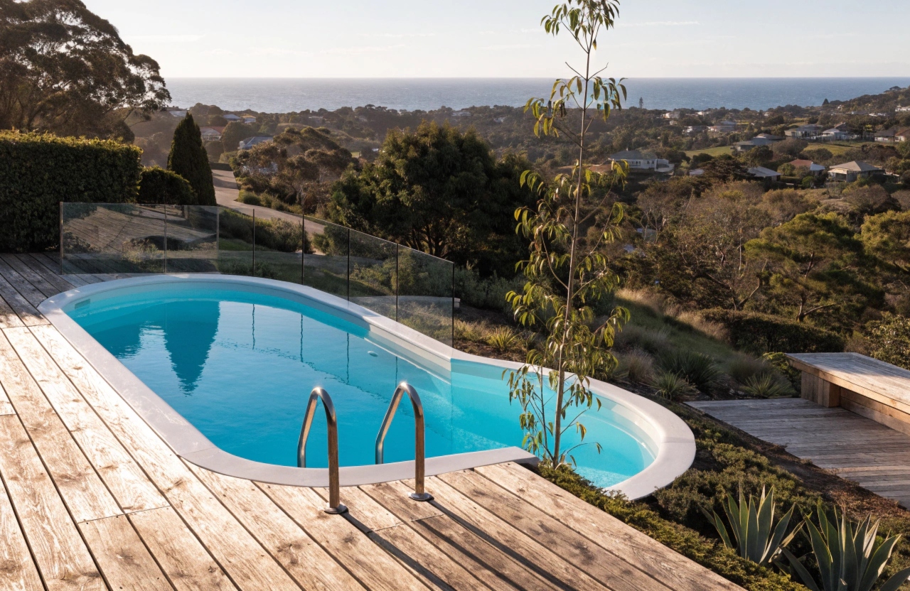Fibreglass pool with glass fencing and timber decking on sloped block in Lake Macquarie