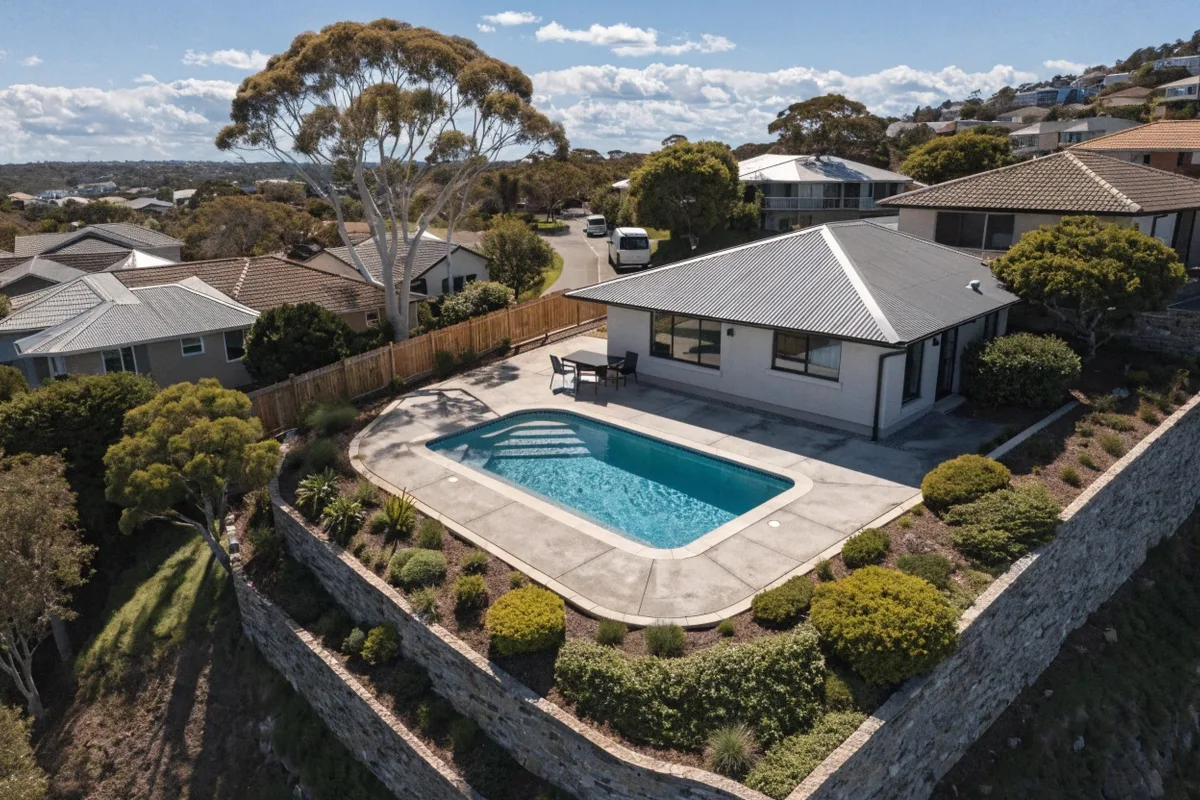 Aerial view of a completed backyard pool showing the block, retaining walls and side access