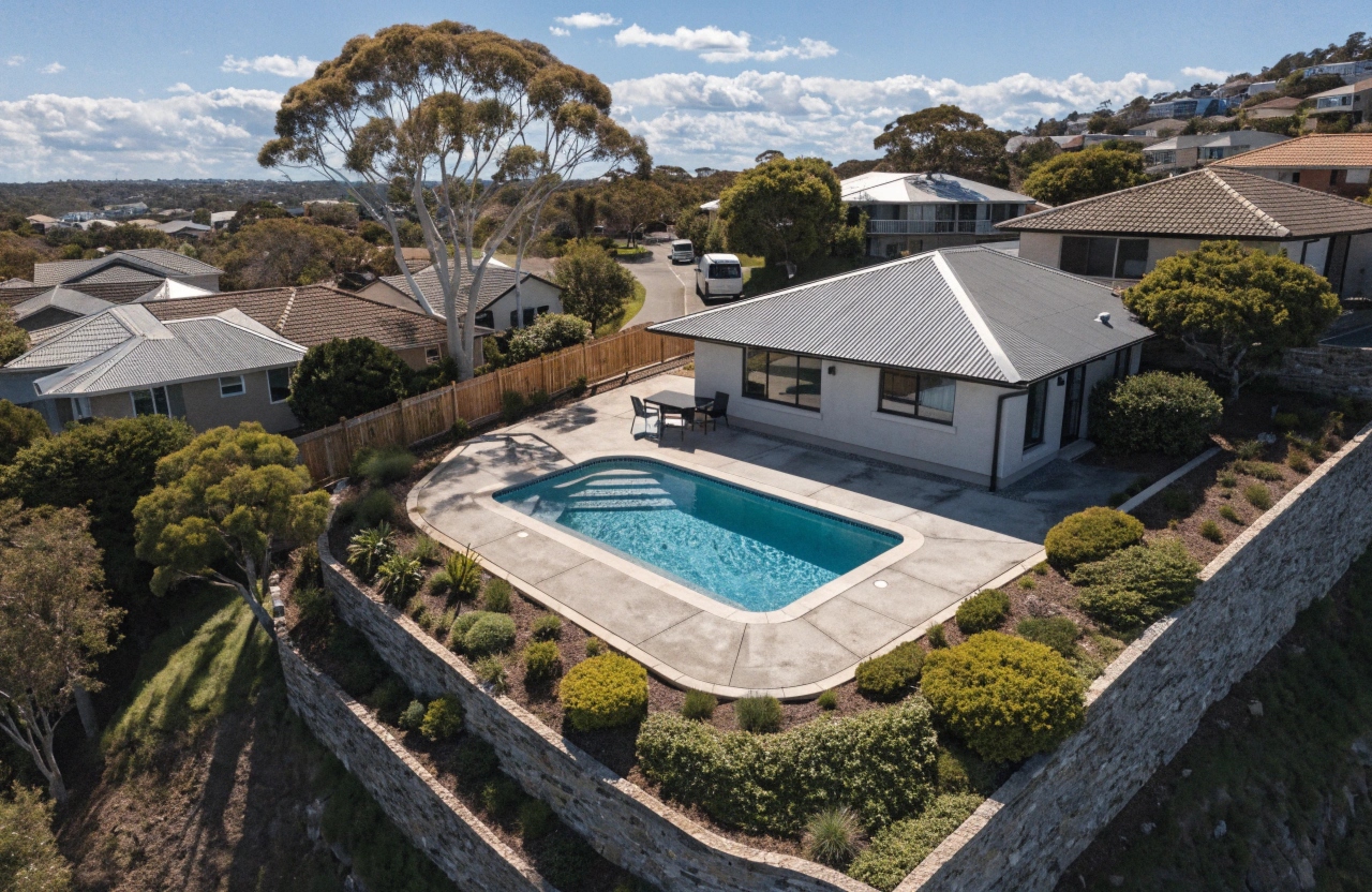 Aerial view of inground pool on elevated block with retaining walls Tingira Heights Lake Macquarie