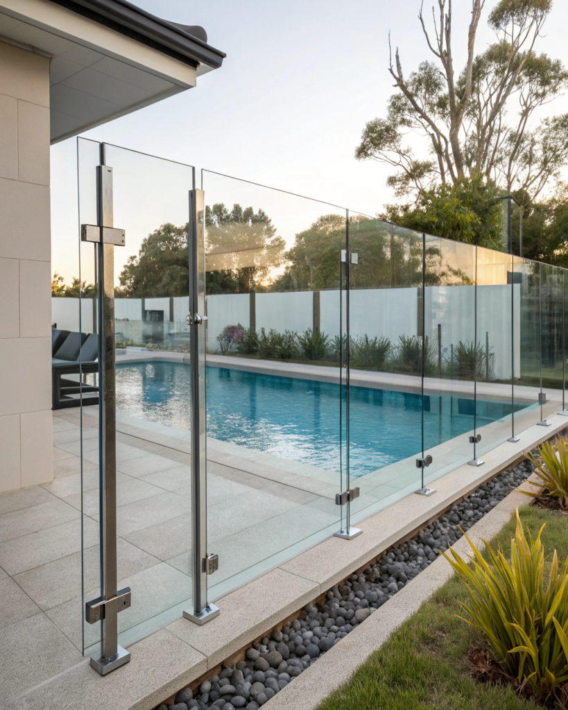 Frameless glass pool fencing beside a rectangular concrete pool with paved surrounds and native grasses
