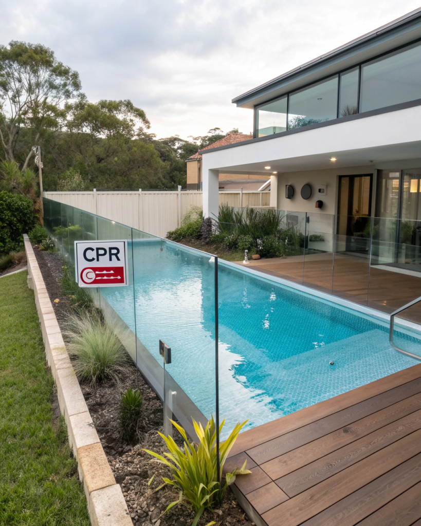 Glass-fenced backyard pool with timber deck and a CPR safety sign beside a modern two-storey home